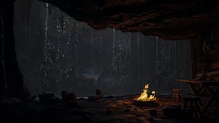 Cozy Cave Sheltering From Rain & Thunder🔥Rain Sounds & Crackling Fire for Deep Sleep and Relaxation