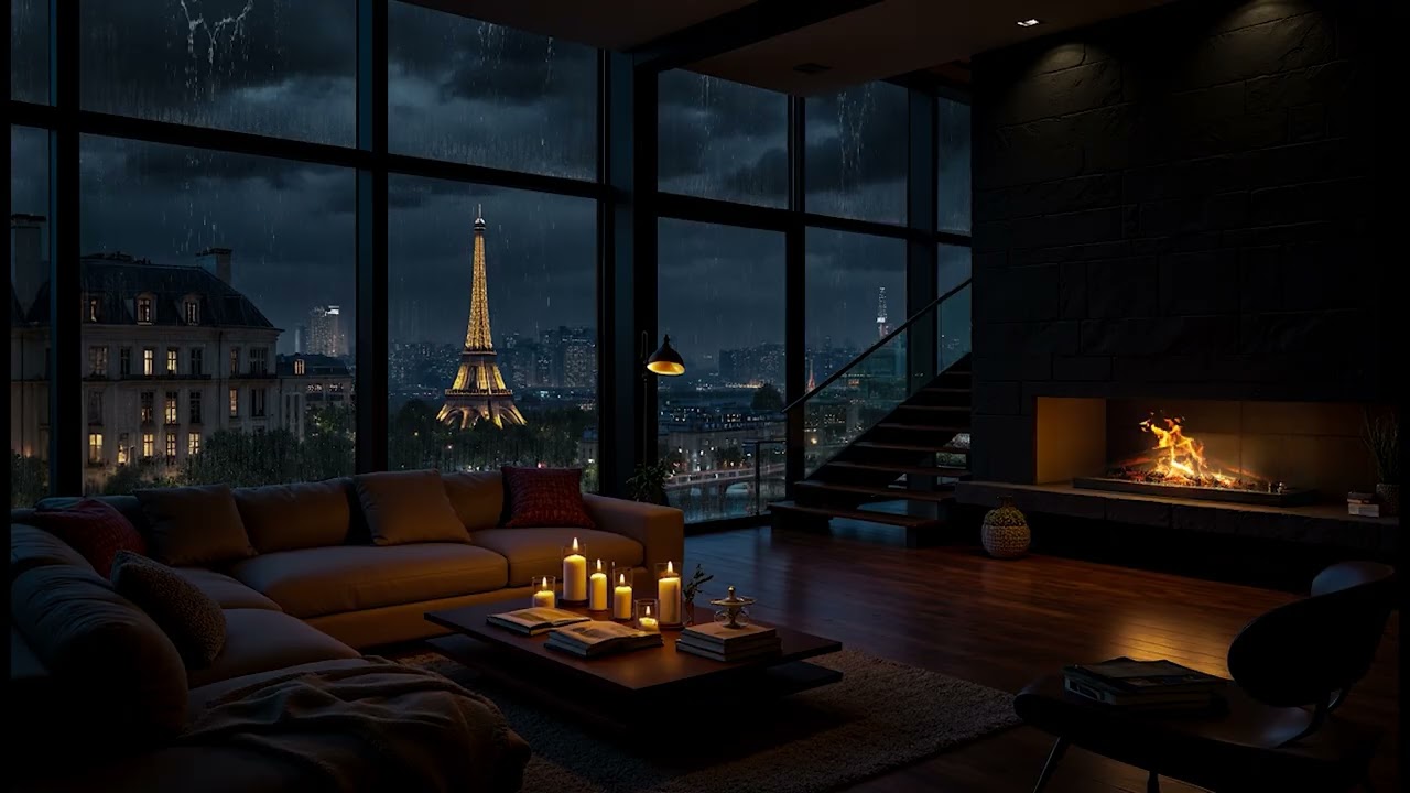NO ADS | Cozy Paris Apartment in the Rain🌧️Relaxing Fireplace & City Rain Sounds for Sleeping