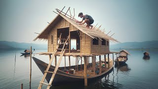 A Man Builds A Bamboo House On The Lake, And The Second-Story Roof Is Under Construction#houseboat