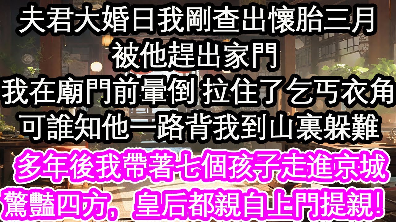 夫君大婚日我剛查出懷胎三月被他趕出家門 我在廟門前暈倒 拉住了乞丐衣角可誰知他一路背我到山裏躲難多年後我帶著七個孩子走進京城驚豔四方，皇后都親自上門提親！【花開】【愛情】【生活】