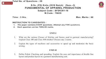 BSC 3RD SEM FD FUNDAMENTAL OF APPAREL PRODUCTION NOV 2019 | PTU