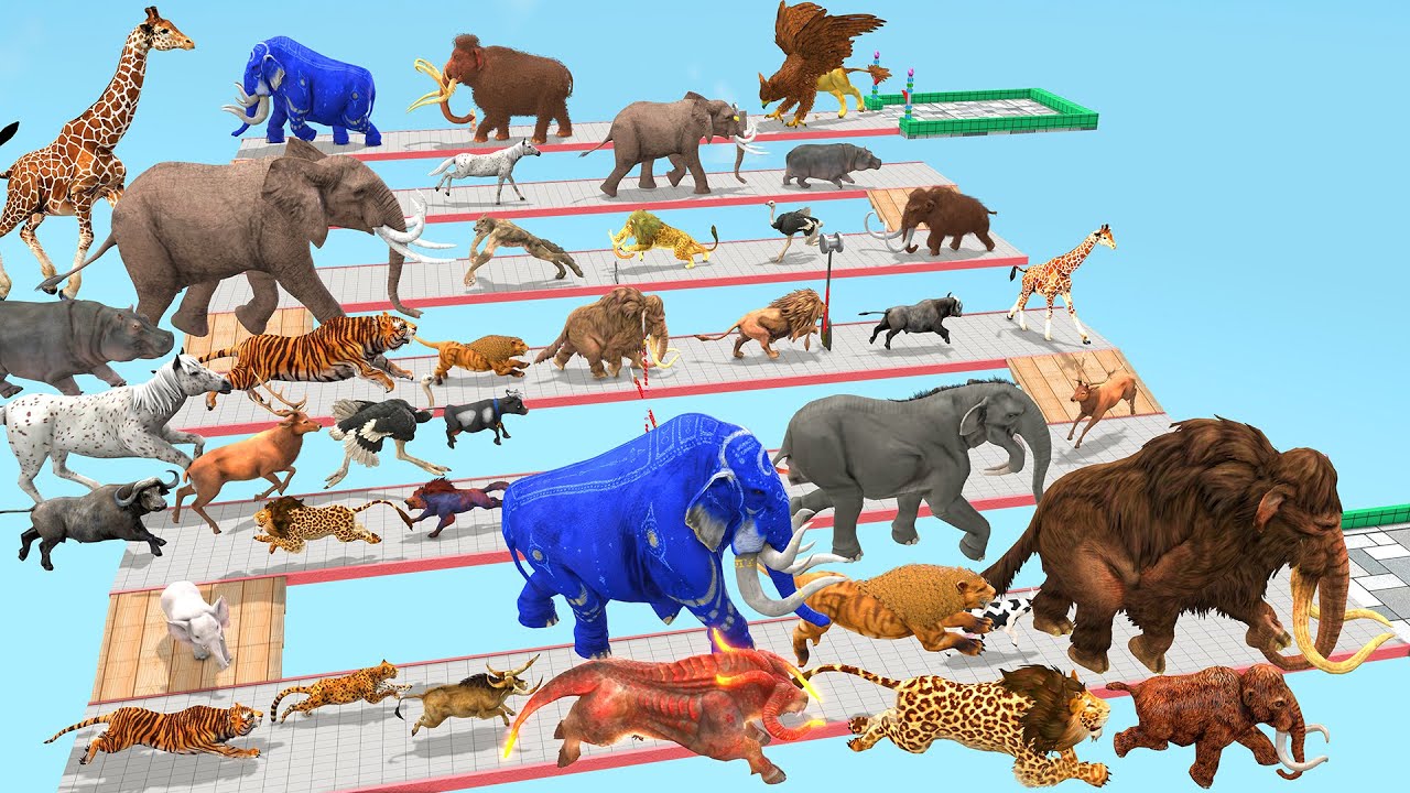 Which Animal vs Prehistoric Mammals Speed Race Run Zigzag Down Course! from Outside Animal Revolt