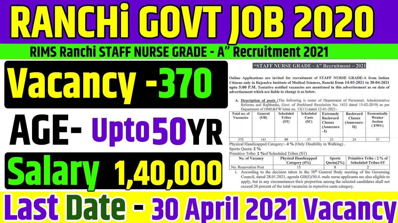 RIMS Govt Job in Jharkhand 2021 | Rims Vacancy For Staff Nurse  Recruitment 2021