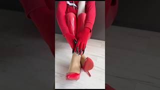 #redgloves #shinyleggings #vinylleggings #latexleggings #highheels #heels #redheels