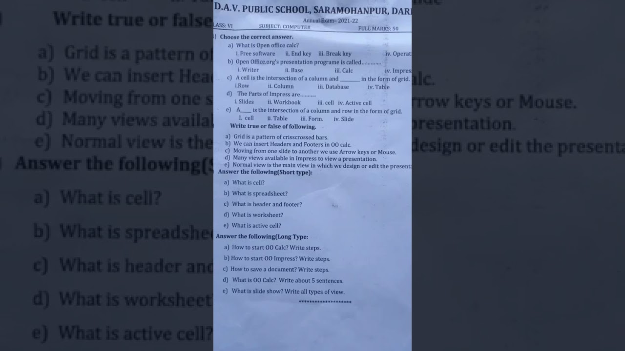 DAV Class-6 Computer Annual Exam 2021-2022