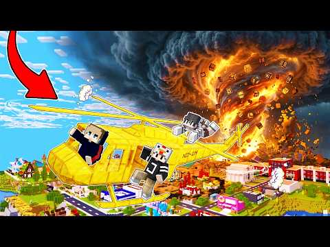 I Built a HELICOPTER To Save EVERYONE From FIRE TORNADO in Minecraft!