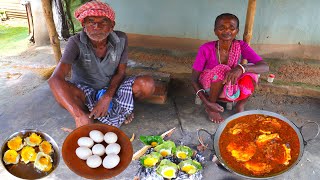 EGG BURN POCH cooking by tribe old couple  | burn EGG in leaf | rural cooking Egg Poch curry |