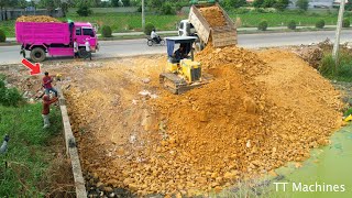 Updating Filling Deep Pond Project !! The Best Team Trucks 5T & Bulldozer Spreading Stone Into Water