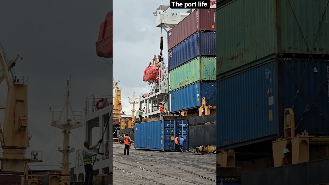 Unloading trucks while standing on containers – risky moves! ⚠️🚢