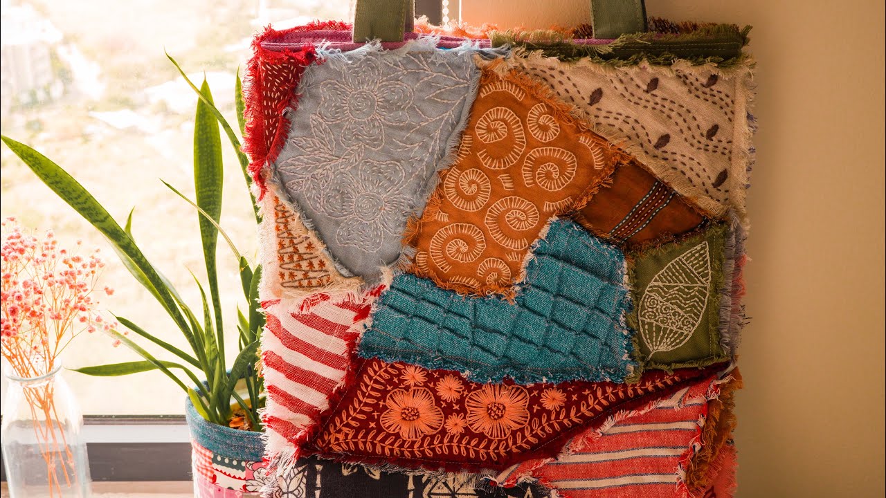 Creation work from scrap fabric combining hand stitching | sewing idea