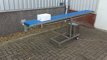 Compacte Transportband 2,8 meter met snelheidsregeling – 230V | RVS Conveyor met blauwe band