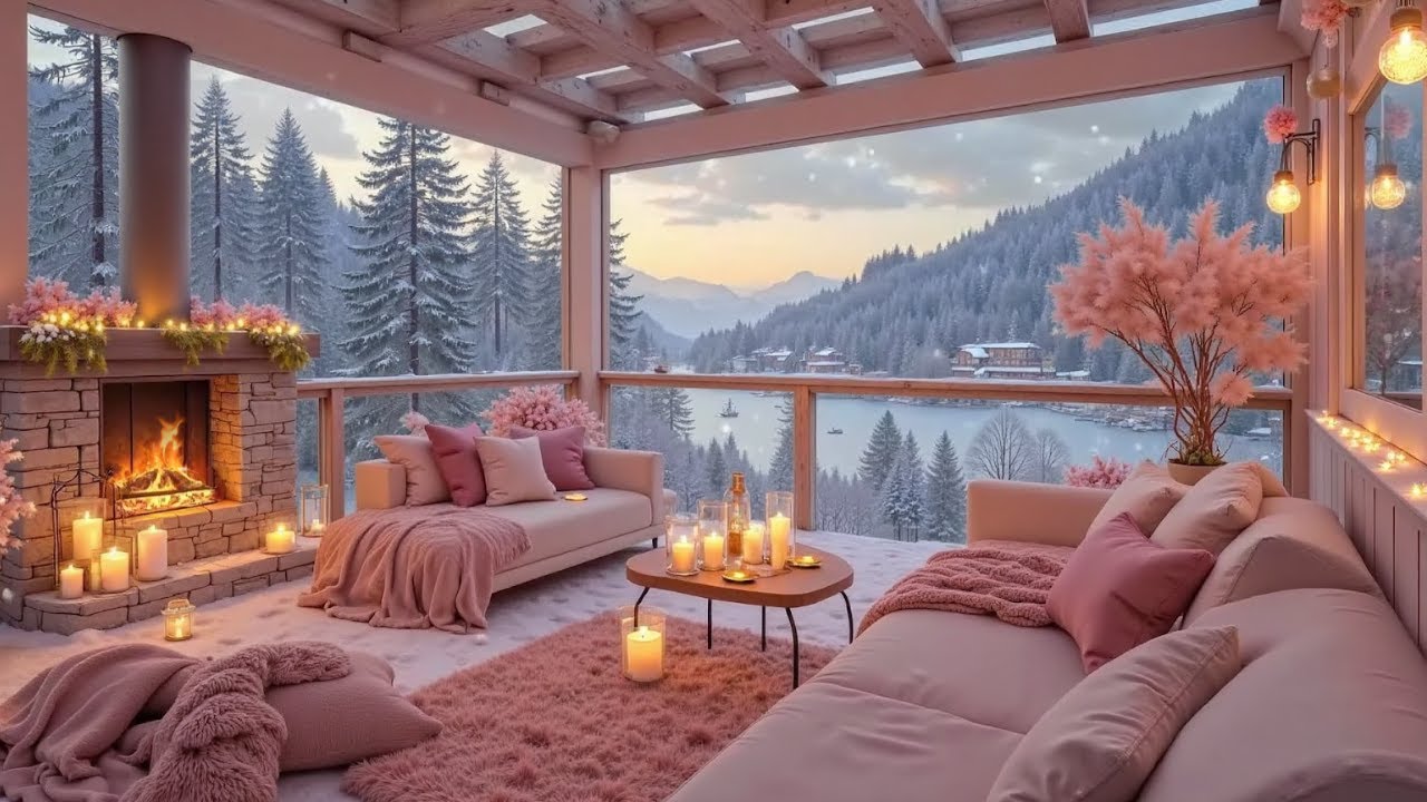 🎹 Cozy Winter Piano in Pink Room With Wind, Snowstorm And Crackling Fireplace To Relax & Sleep