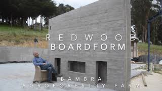 Redwood Boardform Concrete fireplace wall