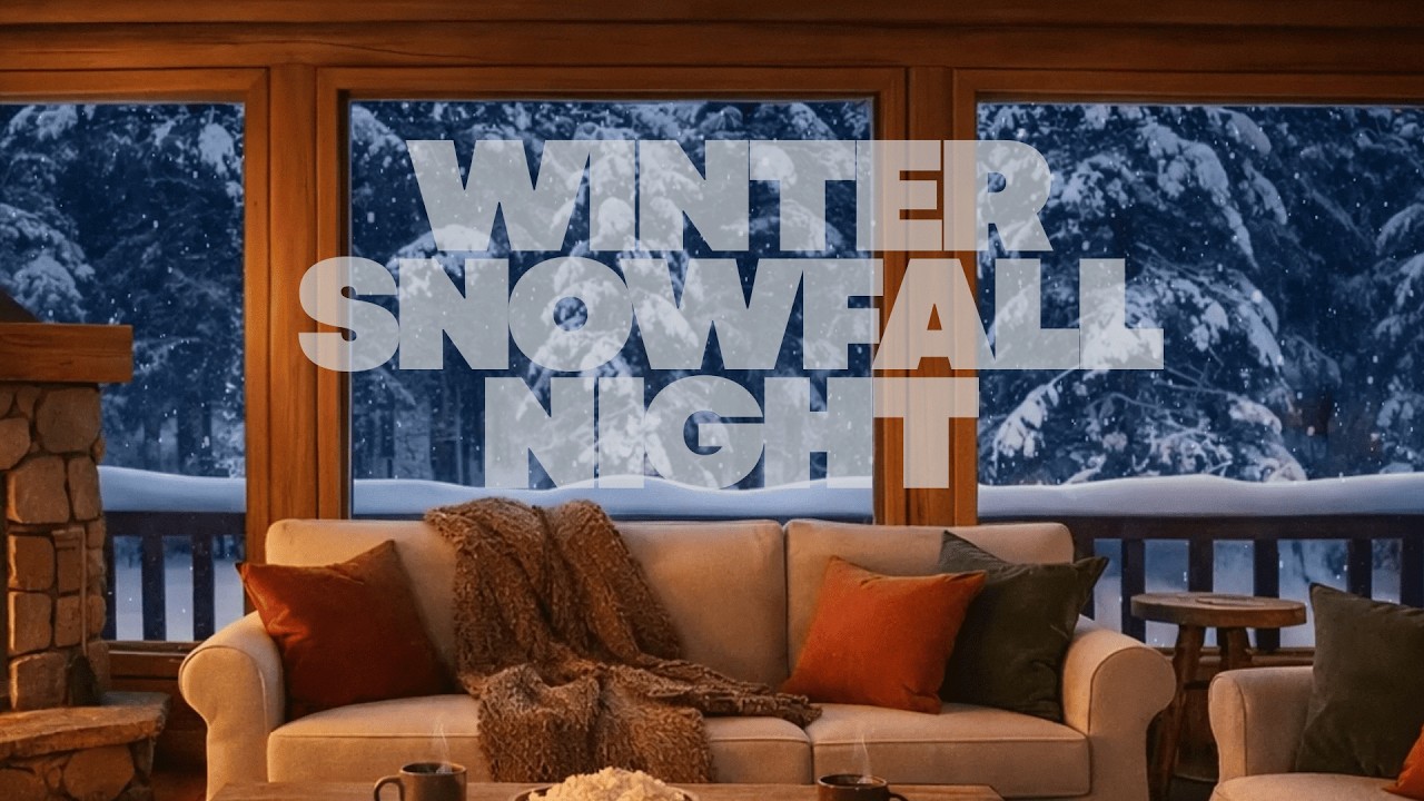 Winter Snowfall Night ❄️ Cozy Cabin Fireplace Piano