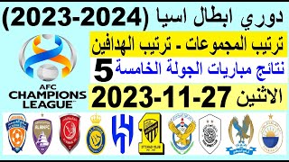 ترتيب مجموعات دوري ابطال اسيا وترتيب الهدافين الجولة 5 اليوم الاثنين 27-11-2023 -نتائج مباريات اليوم