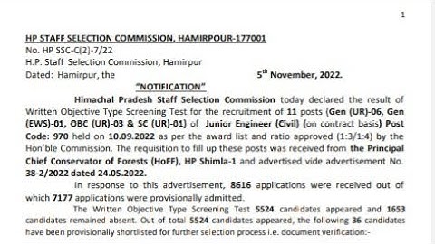 hpssc Junior Engineer Civil Post  Code 970 exam result | je civil 970 result | hpssc result |