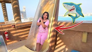 Shafa rides the most dangerous water slide! Slide trap! she stucks in it