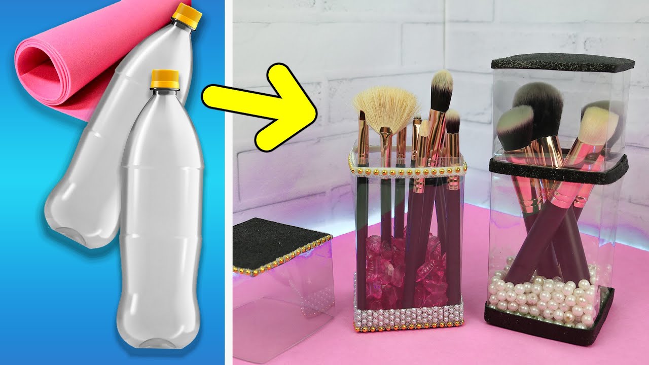 Como hacer porta brochas de maquillaje / Idea de botella de refresco /  portalápices, organizador 