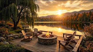 Autumn Cabin by the Lake 🍂 Crackling Fire Pit, Birds & Gentle Water Sounds for Relaxation (10 Hours)