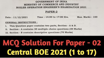 Central Boiler Operation Engineering Exam 2021 | MCQ Solution of Paper 2 | BOE Examination |