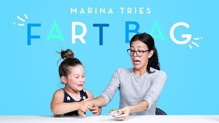 marina tries a fart bag kids try hiho kids