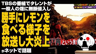 TBS番組でタレントが一般人の畑に無断侵入し勝手にレモンを食べる様子を放送し大炎上が話題