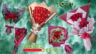 Top 5 Red Roses Wrapping Bouquet. Flower Bouquet. Flower wrapping techniques. Flower Arrangement