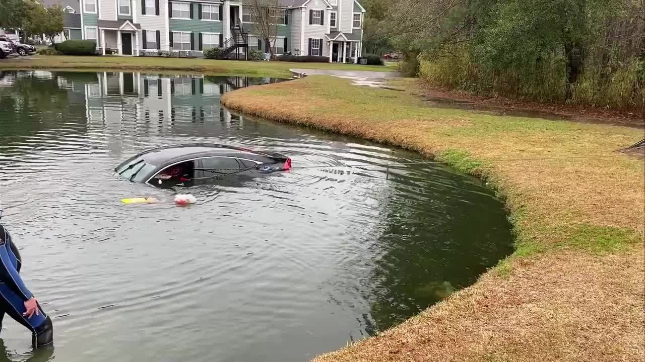 Video Chatham County police recover submerged car from pond, driver