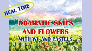 How to Paint a Sunset Sky and a Field of Flowers With Watercolor And Pastels: Normal Speed