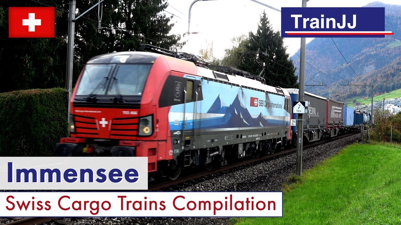 Long Swiss Cargo Trains at the Gotthard Railway in Immensee!