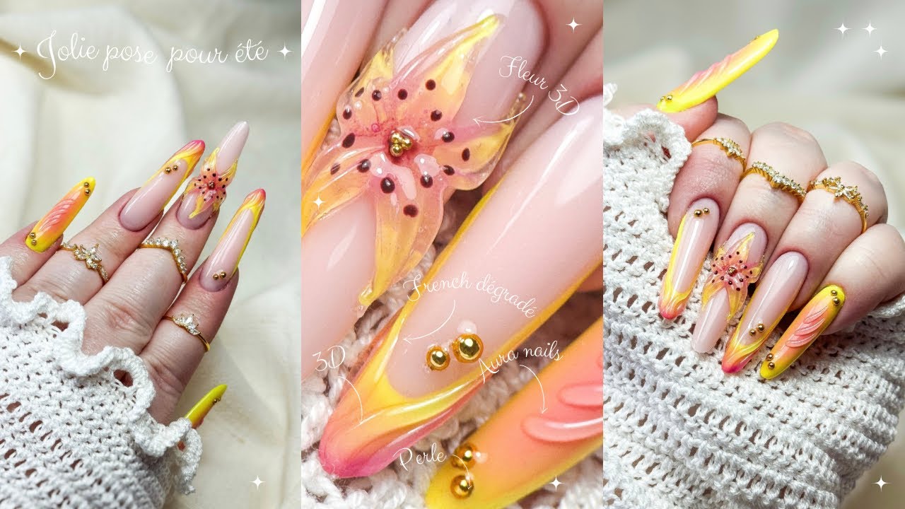 Jolie pause pour l’été avec French dégradé 3D, fleurs 3D et perles