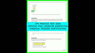 CPO PRACTICE TEST 2026 CERTIFIED POOL OPERATOR DISINFECTION CHEMICAL FEEDERS CERTIFICATION EXAM26