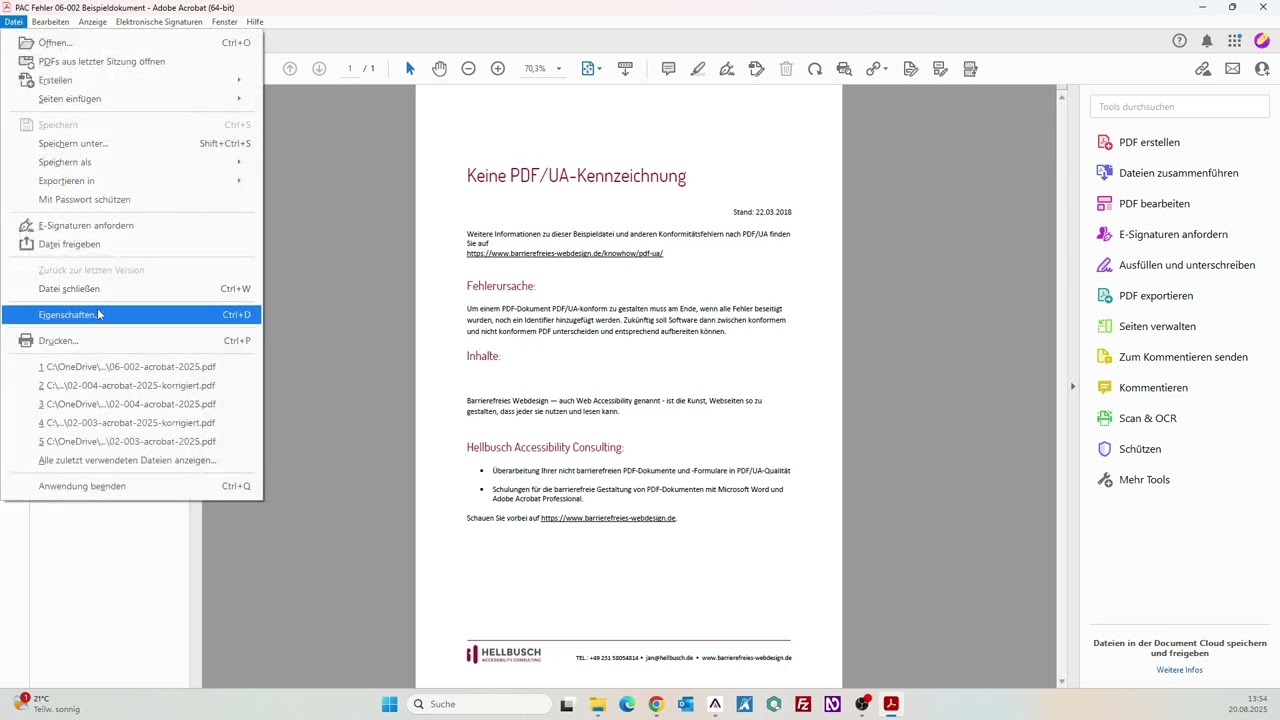 "Keine PDF/UA-Kennzeichnung" mit Adobe Acrobat DC korrigieren.