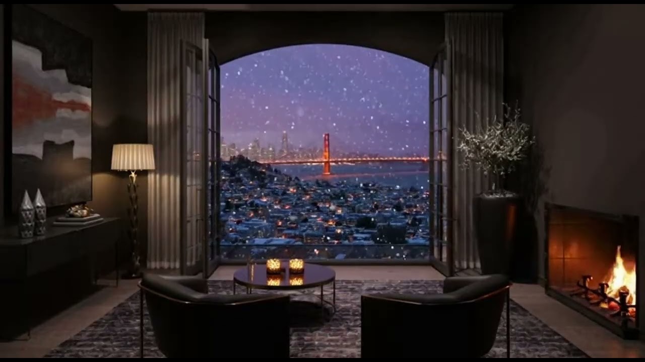 🌃❄️🔥 3-Hour Winter Night Over San Francisco Skyline | Firelight, Snow & Total Peace