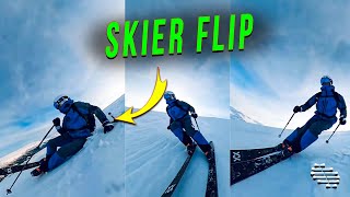 Skier Flip Skiing Down a Mountain in Hard Snow