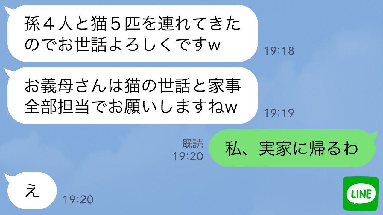 【LINE】長男夫婦が孫4人と猫5匹連れて我が家に来ると長男嫁「お義母さんは猫の世話と家事全部担当でw」嫁にデレデレな夫「ちゃんと世話させるから」私はさっさと荷物を持って「では実家に帰ります」