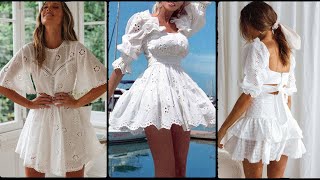 White High Waist Floral Embroidery Cotton Backless Mini Dress - cotton embroidered dress for women