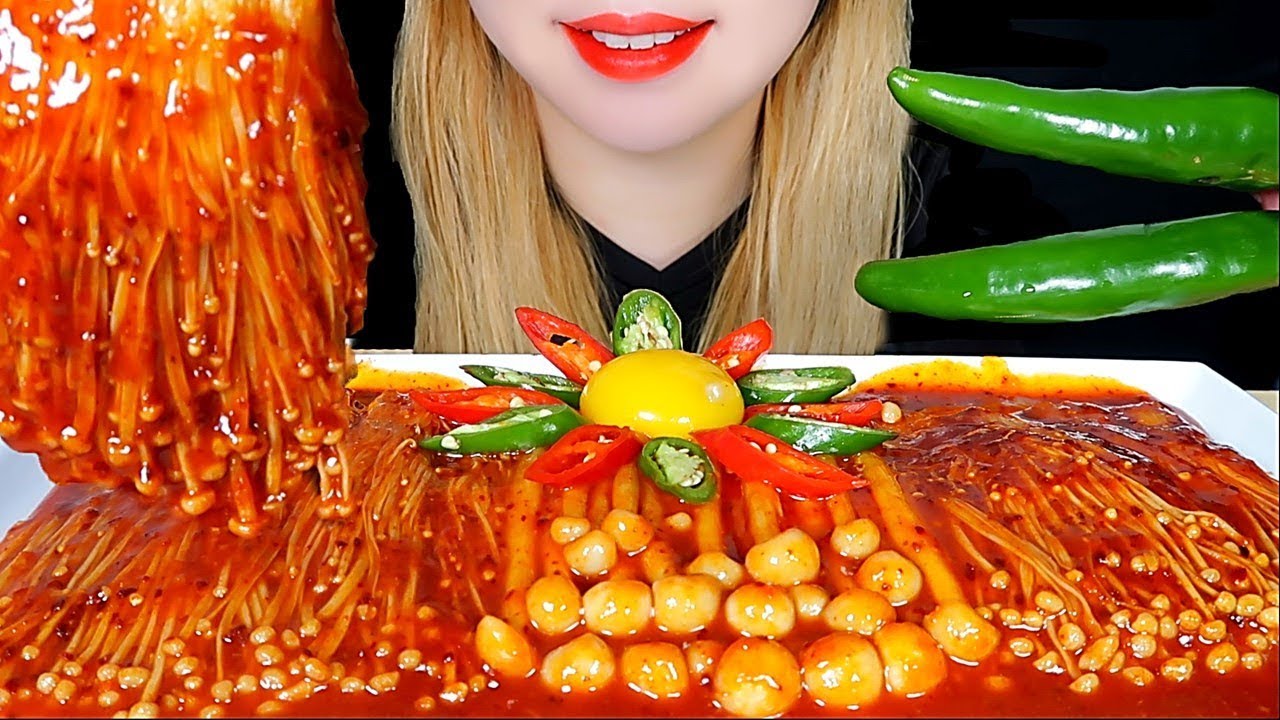 ASMR SPICY ENOKI MUSHROOM & SEAFOOD MUSHROOM Mukbang Eating sounds
