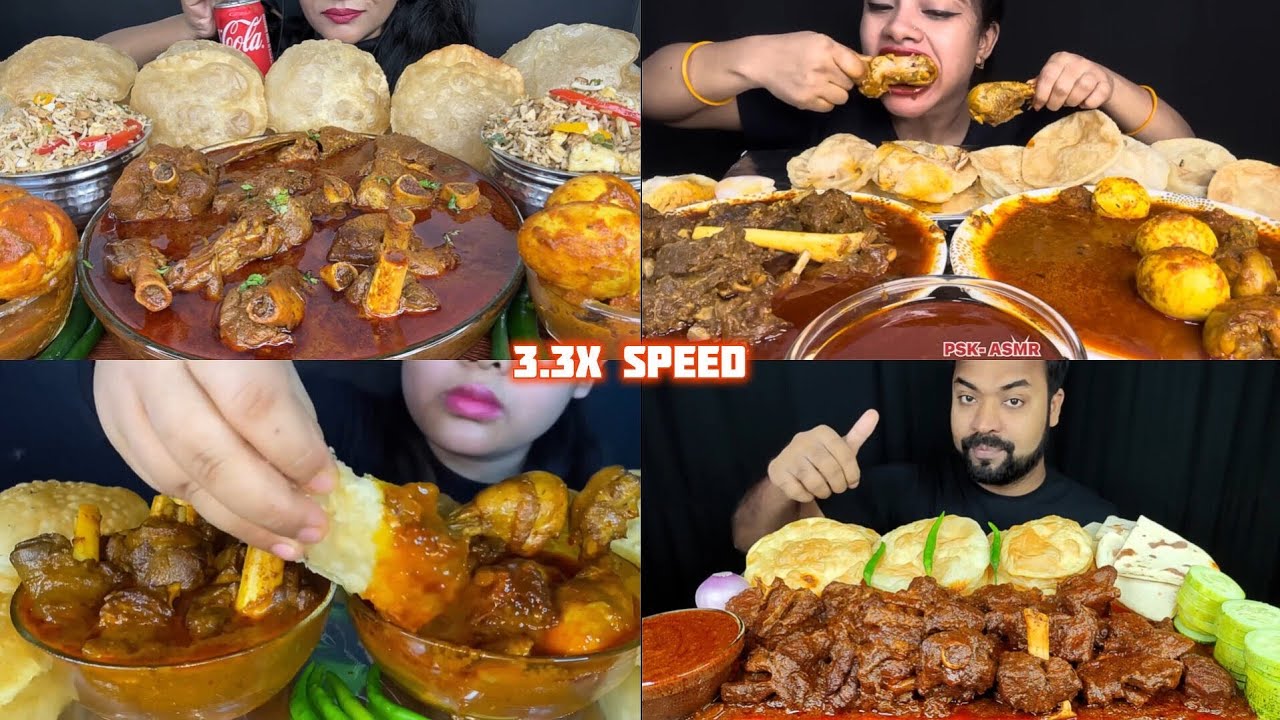 ASMR: Eating Puri with mutton curry eating challenge 😍😋 chicken eggs curry roti fried rice Mukbang