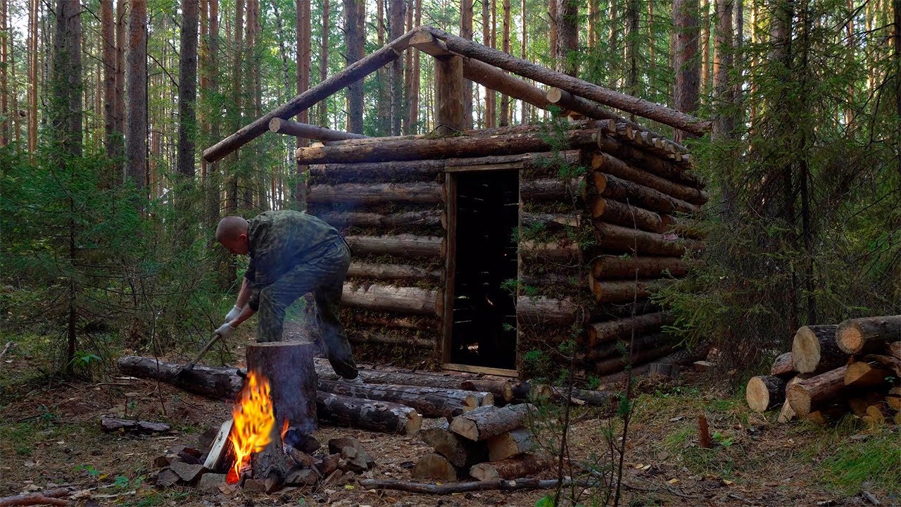 Building complete and warm survival shelter | Bushcraft hut, wooden roof