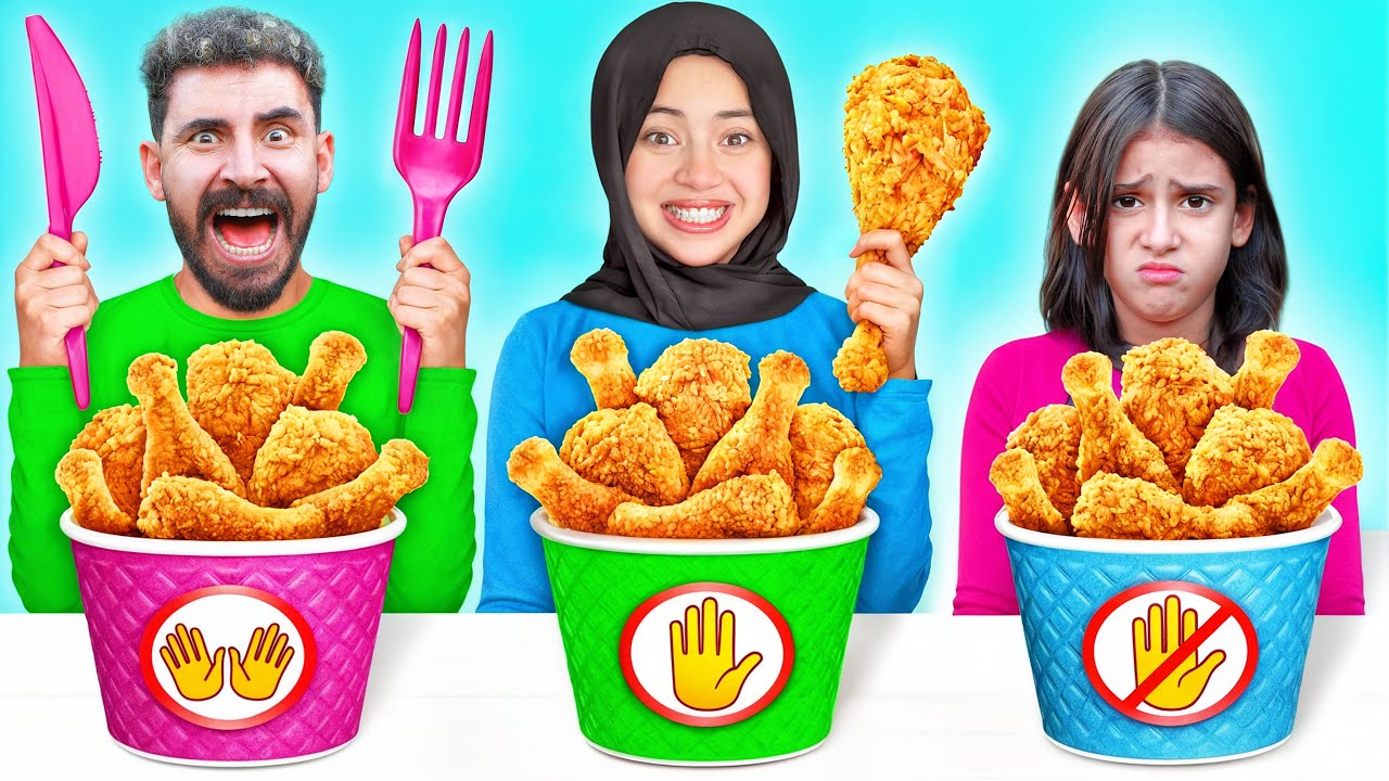 تحدي الأكل بدون يدين ضد يد واحدة ضد يدين ! 🖐 العقاب !! 🔥 جودي انهيار بكاء 😭