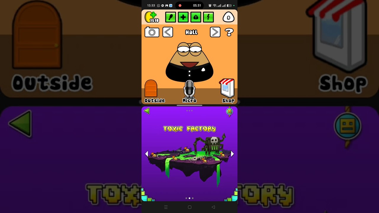 Pou lagi main game geometry Dash World sambil meniru suara gamenya.