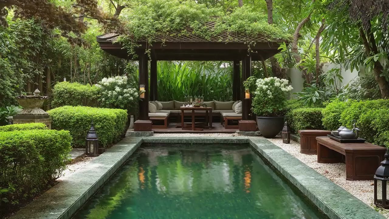 Peaceful Zen Pool Garden 🌿 Soft Ambient Sounds for Relaxation & Focus