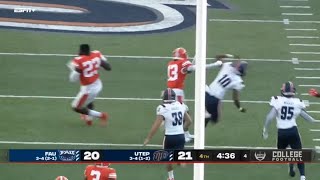 UTEP player blocks extra point but the ball knocks his helmet off and he gets penalized