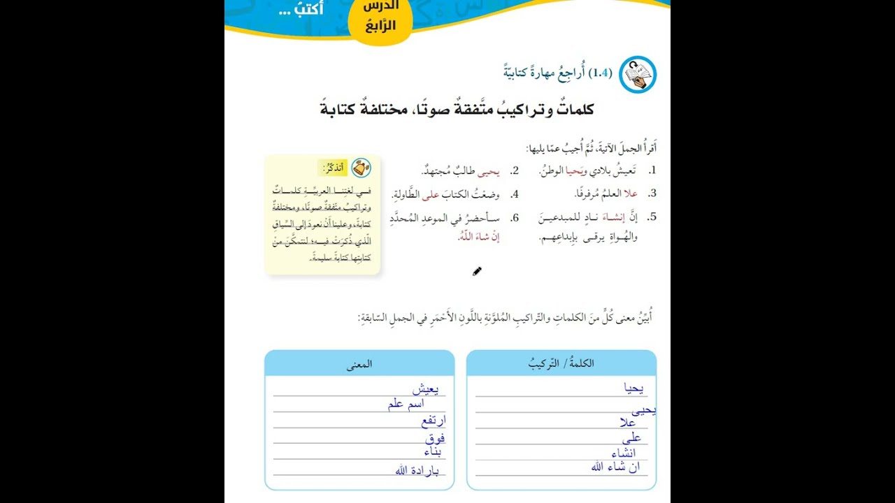 شرح و حل اسئلة كتابة المقالة و كلمات وتراكيب متفقة صوتا مختلفة صف سابع كتاب الطالب