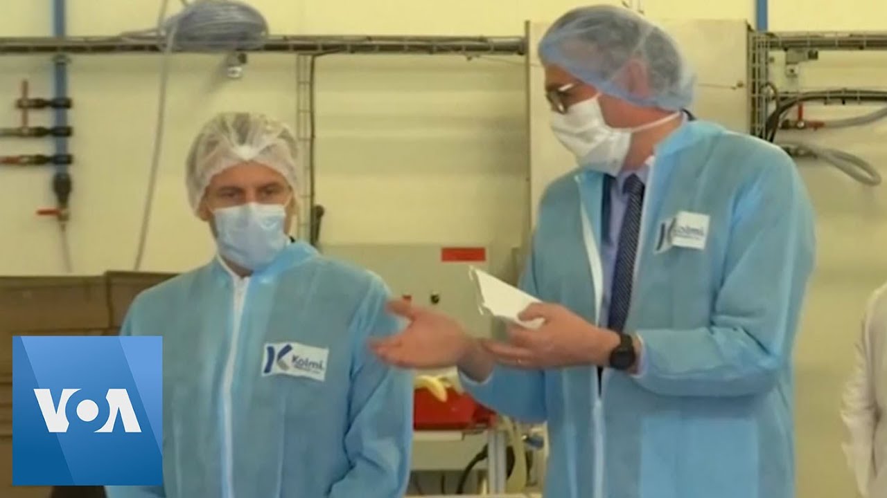 French President Emmanuel Macron Visits Mask Factory