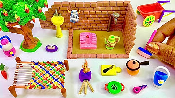 DIY How to make polymer clay miniature Washroom set, Kitchen set,Charpai ,Tree, |clay miniature life