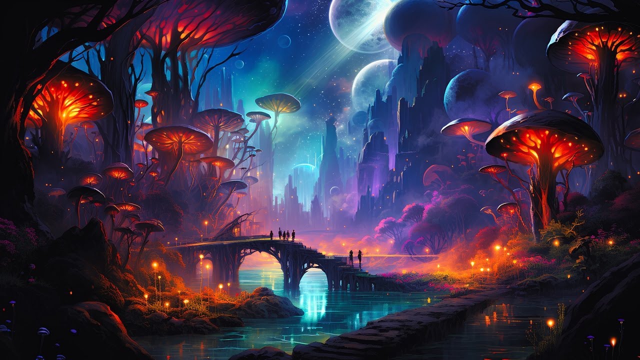 Galactic Serenity: Relaxing Music Voyage through an Illuminated Fantasy Landscape
