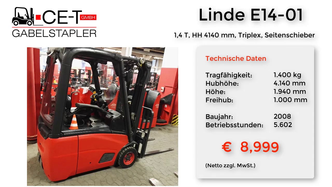 Linde E14-01// 1,4 T, HH 4140 mm, Triplex, Seitenschieber,Elektro 3 Rad, Frontstapler