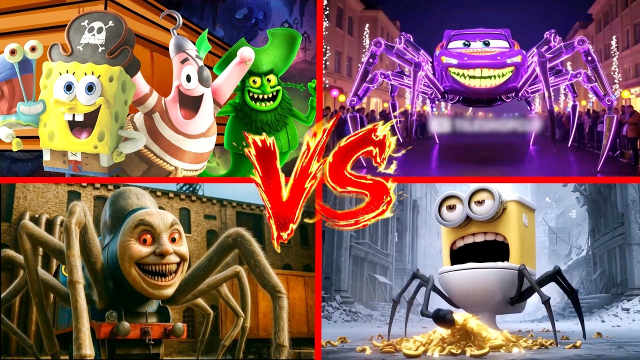 SPONGEBOB 🆚 MCQUEEN SPIDER EATER 🆚 SPIDER THOMAS 🆚 MINION MONSTERS  🎶 - Tiles Hop Coffin Dance